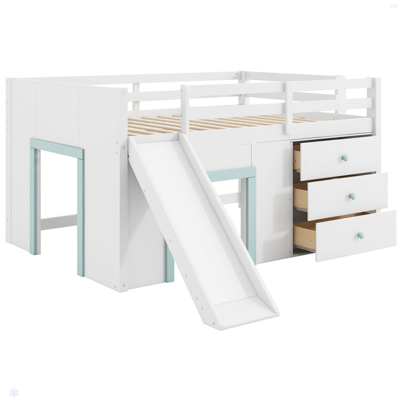 Lit mezzanine bas avec glissade, trois tiroirs de rangement et deux portes