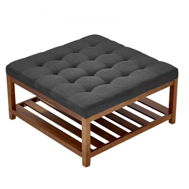 Large Square Ottoman Coffee Table, 34.5 Inch Tufted Coffee Table with Solid Wood Shelf Storage, Linen Solid Upholstered Footrest Ottoman for Bedroom Living Room, 400 LBS, Dark Gray
