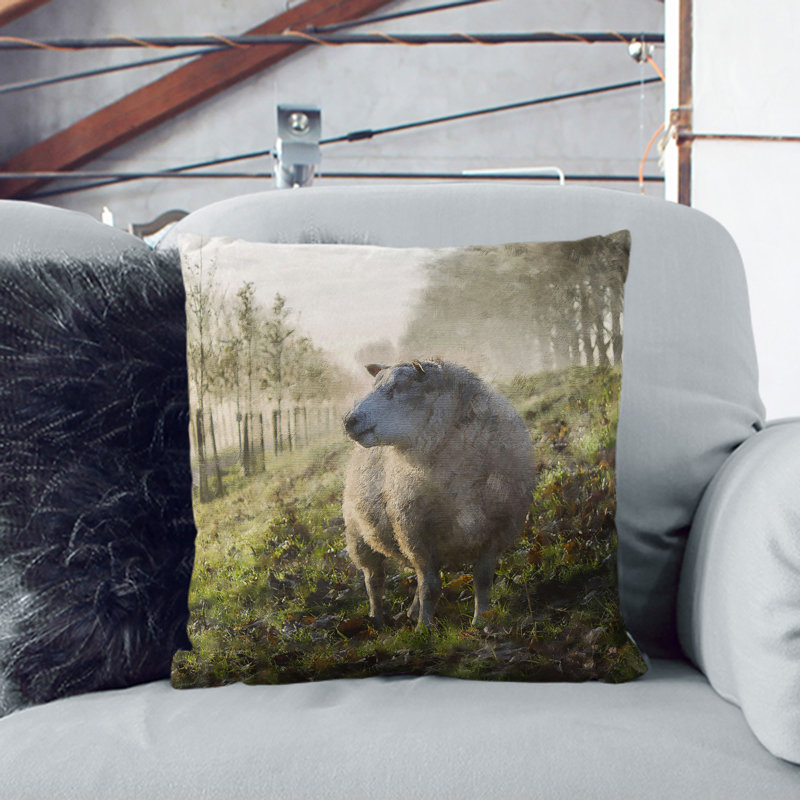 Woolly Sheep Painting Square Throw Cushion, Black, 40cm H x 40cm W x 15cm D