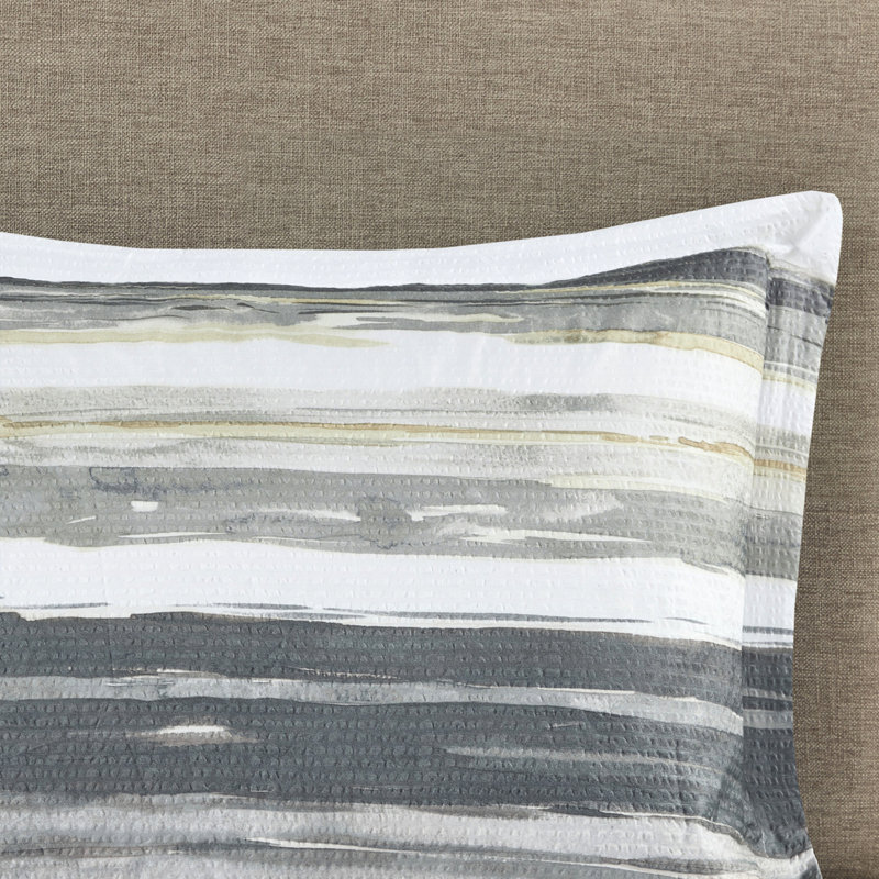 Literie en seersucker jaune double / grand - 8 pièces avec édredon, bourre de coussins décoratifs texturés à rayures aquarelle, gris et motif