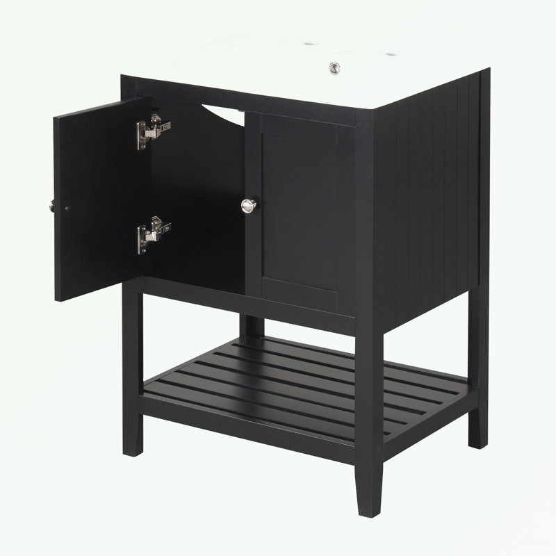 Meuble-lavabo de salle de bain avec lavabo en céramique et tablette ouverte, Noir, noir, noir, noir