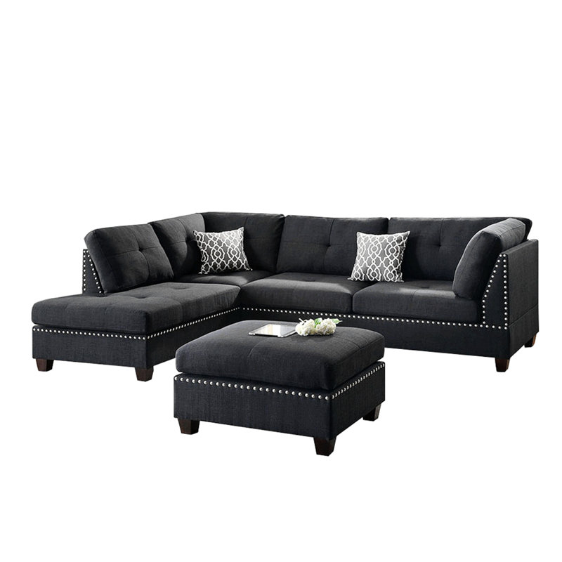 Reversible Polyfiber Sectional Sofa With Ottoman - Durable Black Upholstery