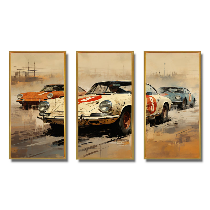 «Vintage Rally Speed Car Melody 2 - Race Tracks», art mural, Cadre flottant doré, H 40 po x l 61 po x P 1 po