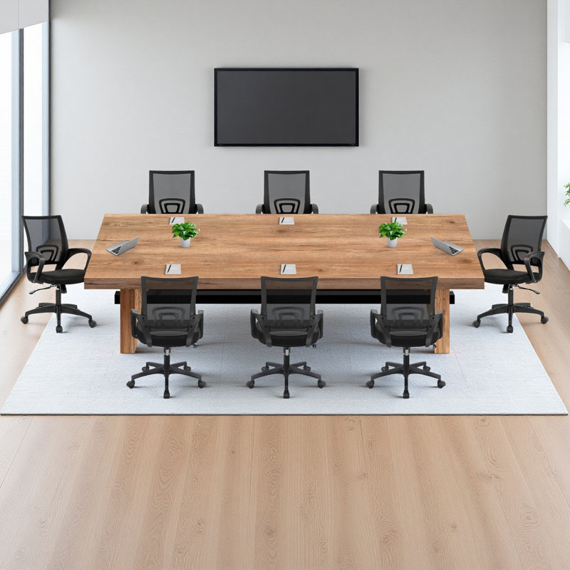 Ensemble de table de conférence rectangulaire moderne en bois massif et chaises en bois massif avec chaises en filet noir