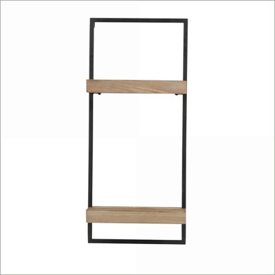 Étagère murale industrielle à 2 niveaux, structure en fer et bois de sapin avec rainures en plaques, 12 po x 6 po x 27 po | Fer | Noyer brun
