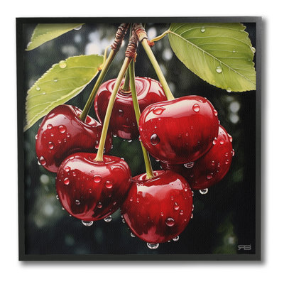 Cerises avec gouttelettes d'eau, estampe numérique encadrée par RB