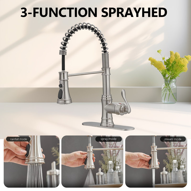 Kitchen Sink Faucet With Deck, High Arc Single Handle Pull-Down Sprayer, Three Spray Modes Kitchen Faucet, Brushed Nickel