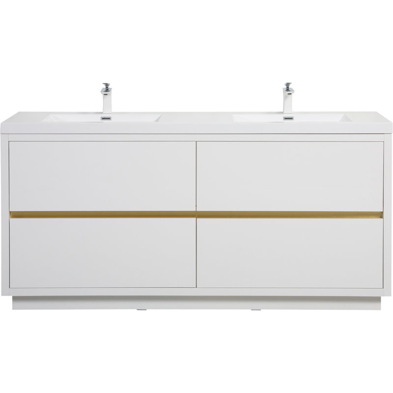 Meuble-lavabo autoportant avec lavabos doubles, Blanc lustré, 71"