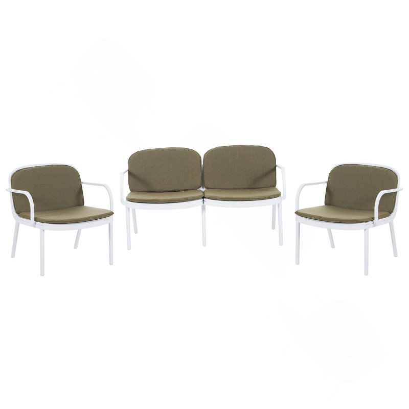 Ensemble de conversation d'extérieur en PP 3 pièces, cadre blanc avec coussin vert (2 fauteuils club et 1 causeuse), Vert