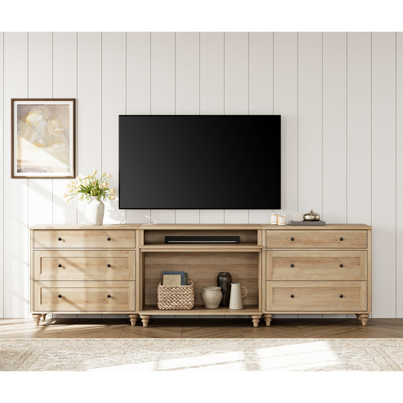 TV Stand For Tvs Up To 100'', Home Entertainment Center With 6 Drawers For 75/80/85/90 Inch TV, Oak Wood