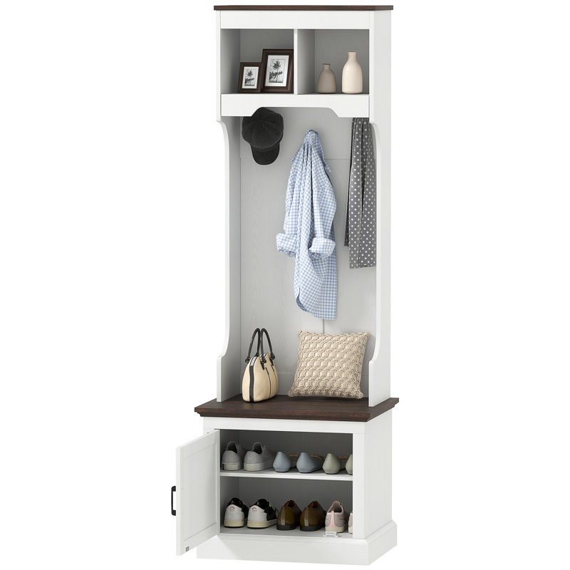 Arbre d'entrée 3 en 1 avec rangement pour chaussures, portemanteau avec banc, meuble d'entrée avec cinq crochets, grain de bois blanc