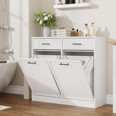 Armoire à linge dissimulée avec rangement pour salle de bain, panier à linge moderne à ouverture inclinable et cannelée, avec tiroirs et paniers étanches