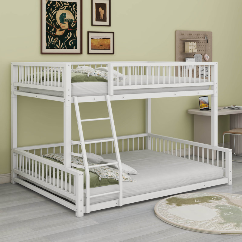 Floor Bunk Bed Frame With Ladder And Guardrails, Heavy Duty Metal Bunk Bed Frame, Detachable Bunk Beds Can Be Divided Into 2 Beds