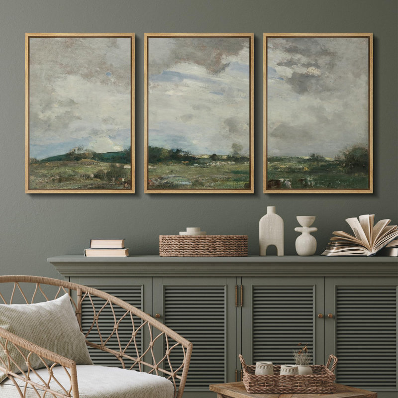 Rural Landscape " Countryside Serenity Impressionistic Rural Landscape Illustration Modern Decor Relax Calm Chic " 3 - Pieces