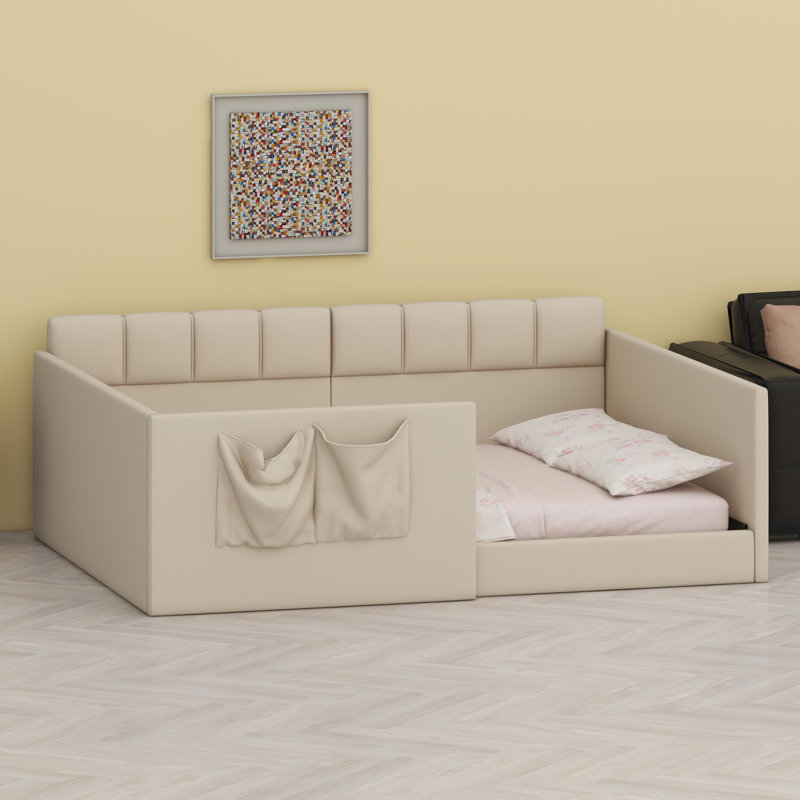 Upholstered Daybed Sofa with High Side Panels, Side Entrance & Storage Pockets, Beige