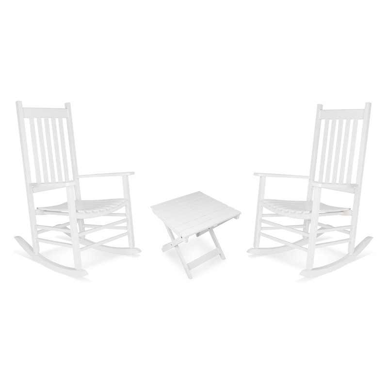 Emjay 3-Piece Outdoor Wood Rocking Chair And Square Folding Table Set, White