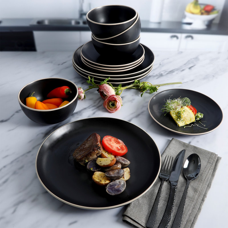 Service de table rond en grès Gibson Home Rockaway, service pour 4 (12 pièces), noir