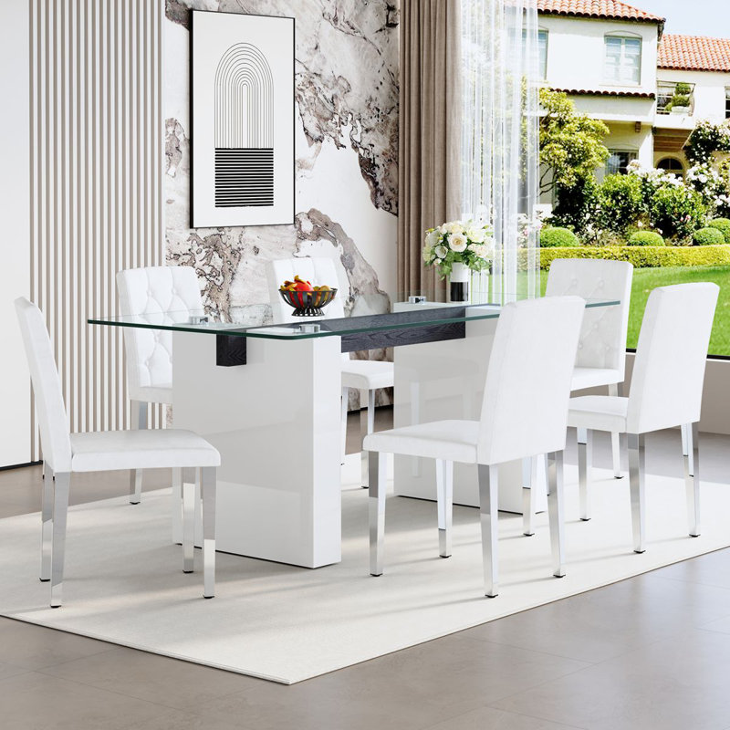 71" Modern Dining Table Set With PU Leather Chairs, Elegant Kitchen Table For Family Meals, White, 7 Pieces: Table, 6 Chairs