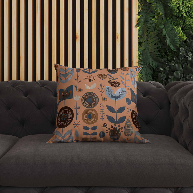 Coussin intérieur / extérieur Baltic Blossoms, Bleu / brun / orange, Carré 18 po