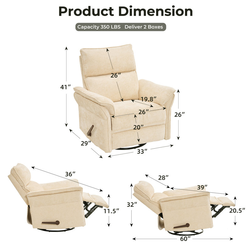 Oversized Recliner Chair, 26" Extra Wide 360° Swivel Rocker Recliner with Adjustable Headrest, Chenille Glider Rocking Nursery Chair with Overstuffed Armrest, Lumbar Support，Beige