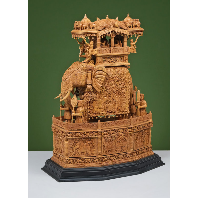 Grande statue d'éléphant en bois 26 po Ambari - procession royale du Rajasthan sculptée à la main pour le salon