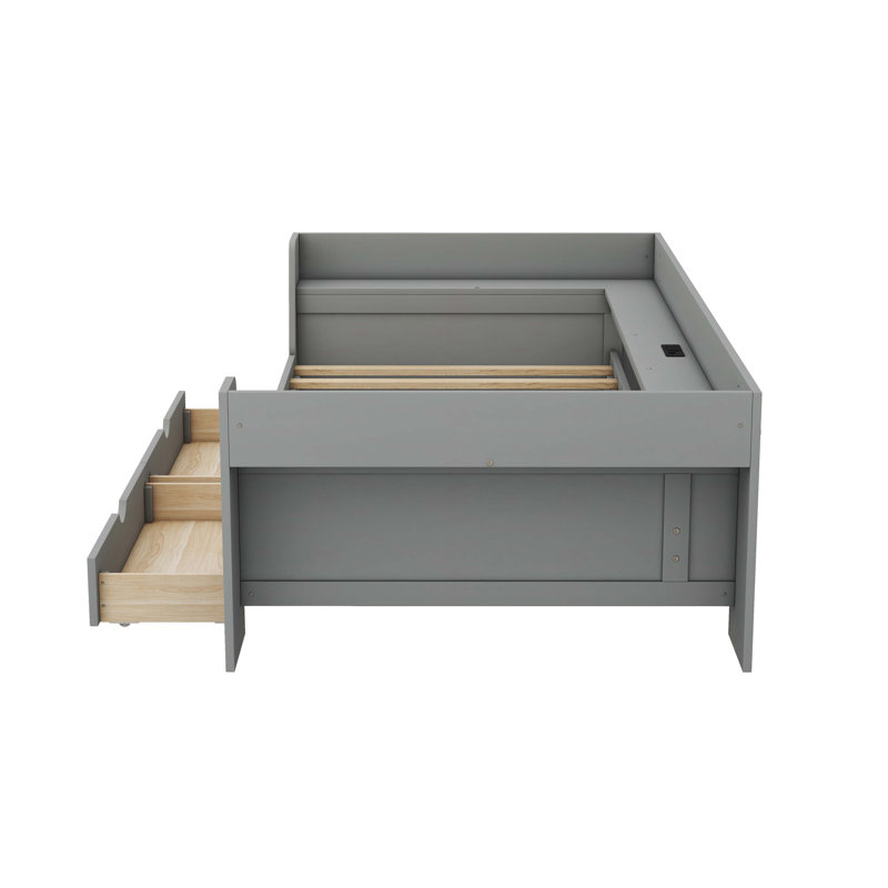 Lit de jour simple avec tablettes, tiroirs et station de charge intégrée Philone, Gris