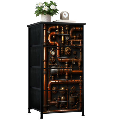 Commode pour chambre à coucher avec 4 tiroirs de rangement Tuyauterie en cuivre complexe Manomètres à pression Steampunk Commodes industrielles Commode en acier avec cadre en acier pour vestibule