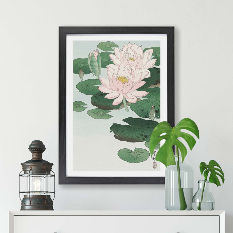 Pink Water Lilies by Ohara Koson - Framed Print, 45cm H x 63cm W x 2cm D, Black