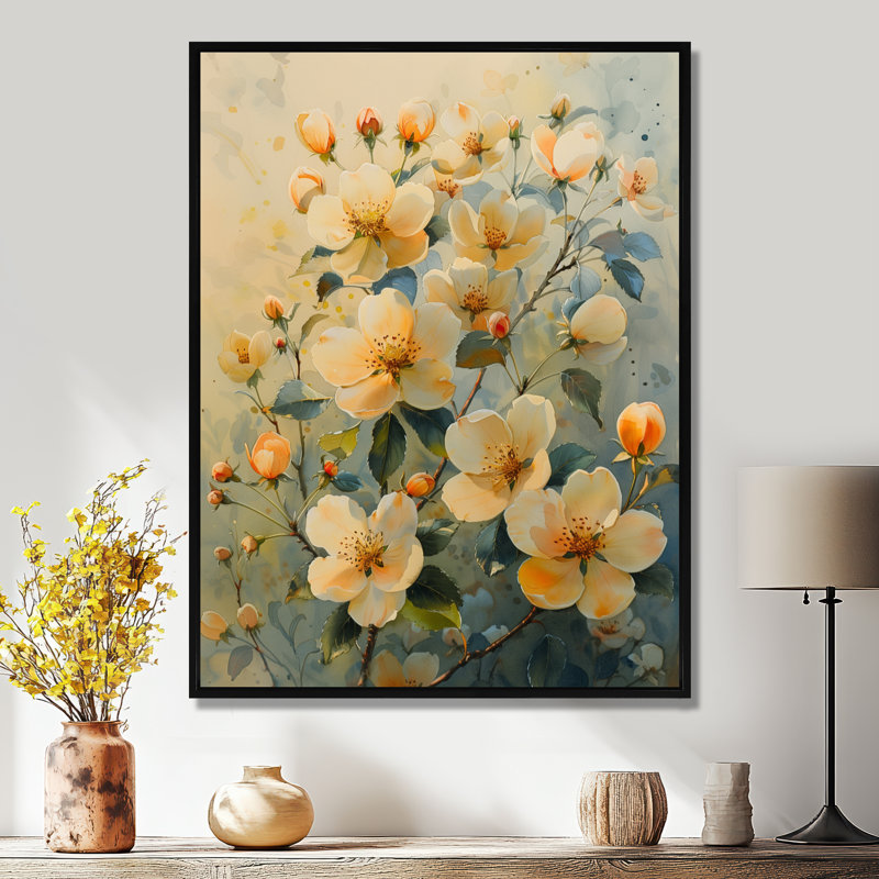  «Yellow Apple Blossom Spring Awakening II - Art mural de salon Apple Blossom, H 24 po x l 32 po, Cadre flottant noir