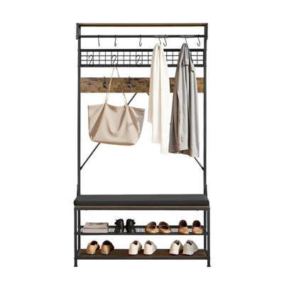 Arbre d'entrée, portemanteau 72 po avec banc à chaussures, range-chaussures autoportant à 2 niveaux avec crochets, tringle à suspendre et tablette grillagée, porte-manteau d'entrée en acier pour l'entrée, la chambre à coucher, le placard