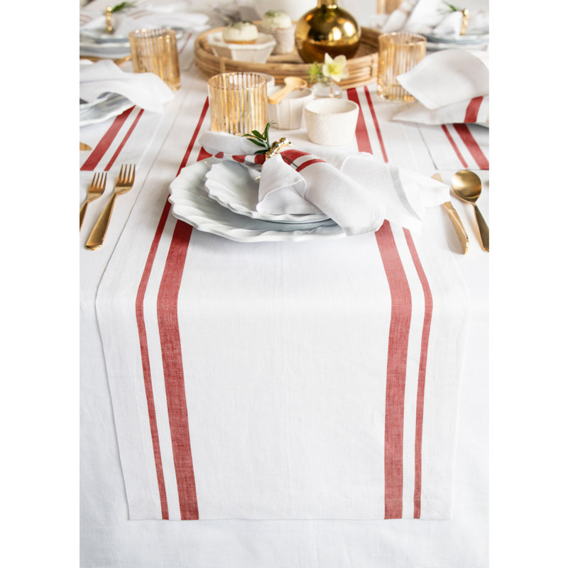 Red and White Striped Linen Table Runner 120" Long