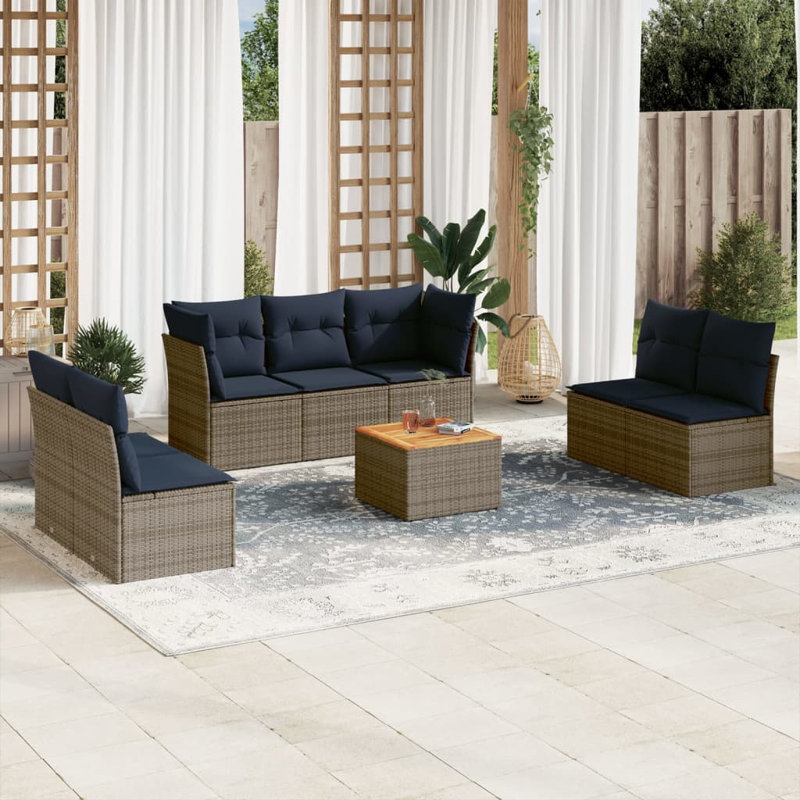 Ensemble de canapé de patio 8 pièces avec coussins pour l'extérieur, Coussin bleu marine / structure grise