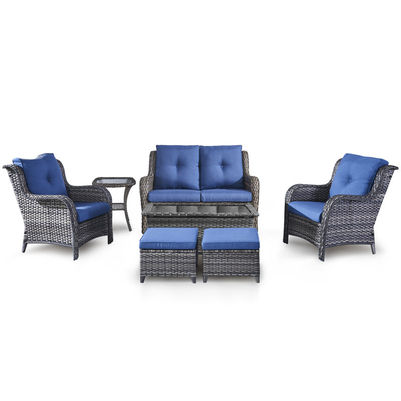 Bonia Wicker 4 - Person Patio Conversation Set with Cushions, Blue, Gray