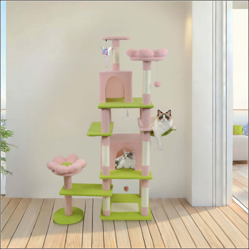 Arbre à chat 71 po avec poteau à griffes amovible, Rose / Vert