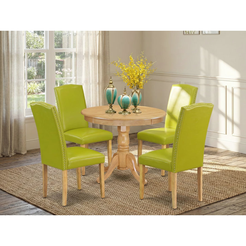 5 Piece Dinette Set Includes a Round Dining Table with Pedestal and 4 Autumn Green Faux Leather Upholstered Parson Chairs, Oak