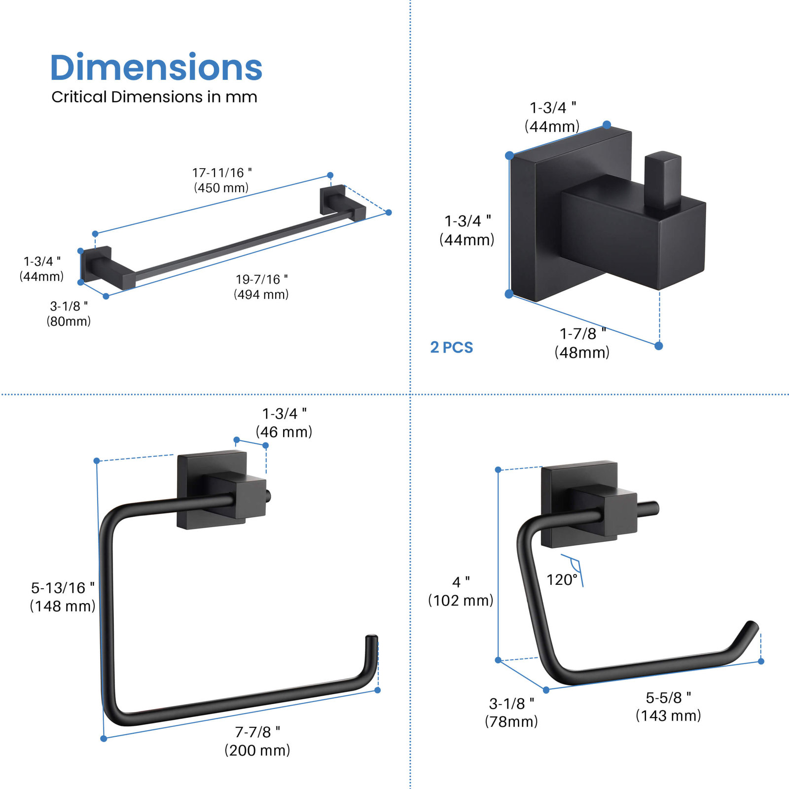 Cube 5-Piece Bathroom Hardware Set, Matte Black