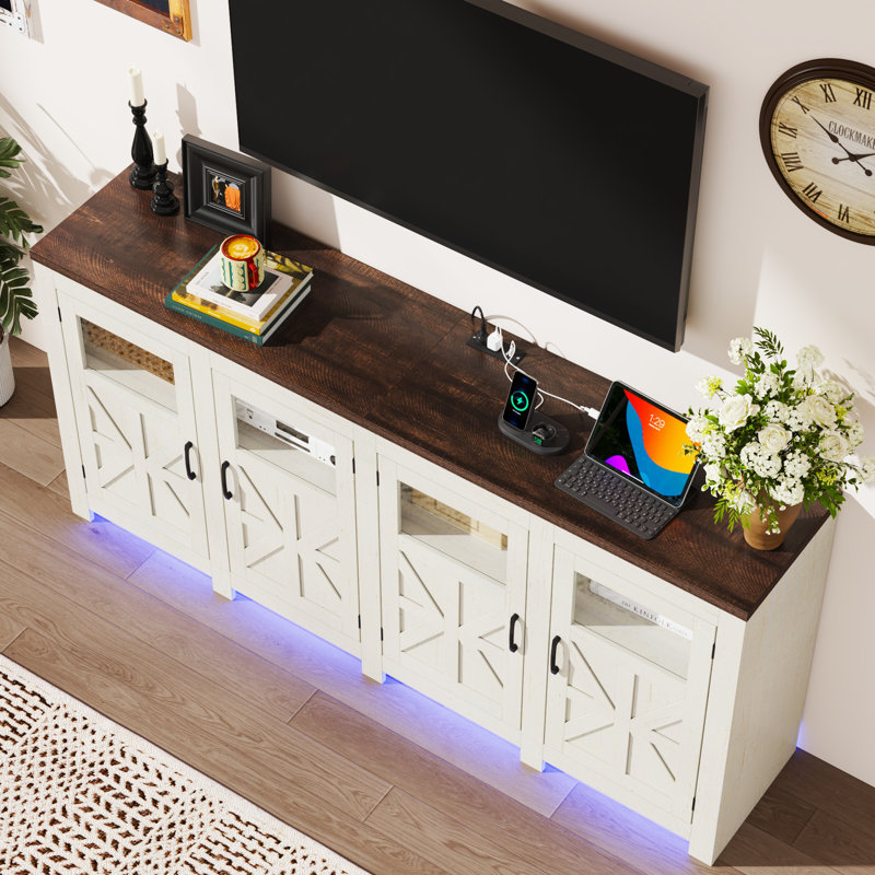 74" LED Farmhouse TV Stand For Tvs Up To 85" With Power Outlets And Adjustable Shelves, White/Brown