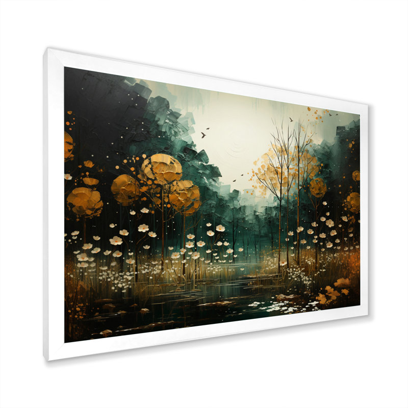 «Yellow Green Plants Enchanted Forest III», reproduction d'art sur toile, Cadre simple blanc, H 16 po x l 32 po x P 1 po