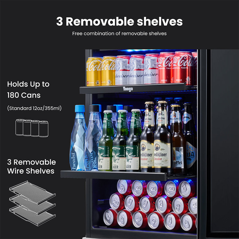 Yeego 24" 180-Can Beverage Fridge, Built-In/ Freestanding Beverage Refrigerators & Coolers with Blue LED Light and Adjustable Shelves for Under Counter Use