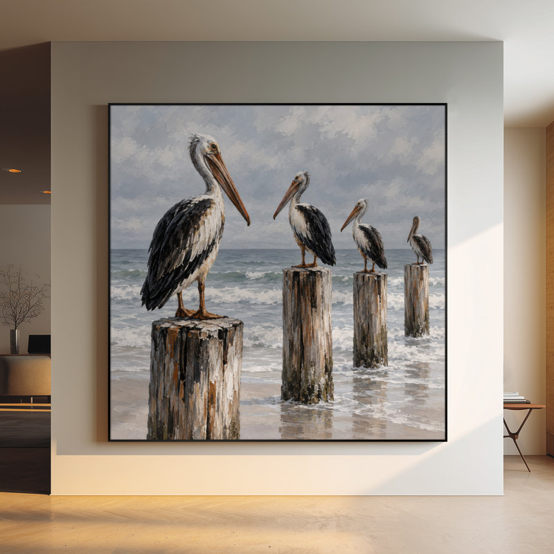 Extra Large Wall Art Fabric Print - Coastal Pelicans on Wooden Posts by Ocean for Living Room or Bedroom - "Frame Assembly Required (Unfinished Frame)"