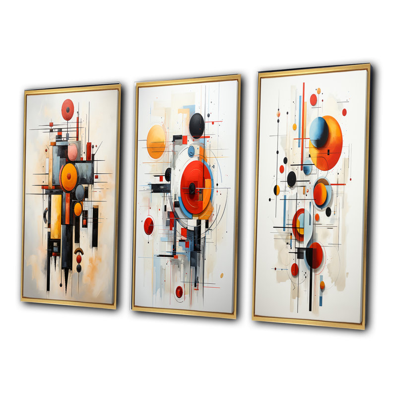 «Red Suprematism Reduction», 3 pièces sur toile, H 28 po x l 36 po, Encadrement doré