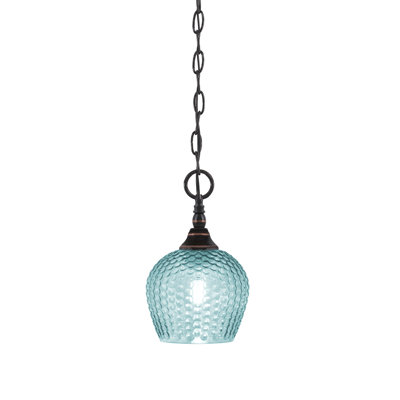 Chain Hung Mini Pendant Shown In Black Copper Finish With 6″ Turquoise Textured Glass