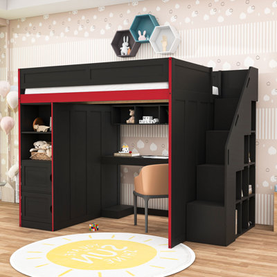 Wood Loft Bed with Desk, LED Light, Wardrobe and Storage Shelves