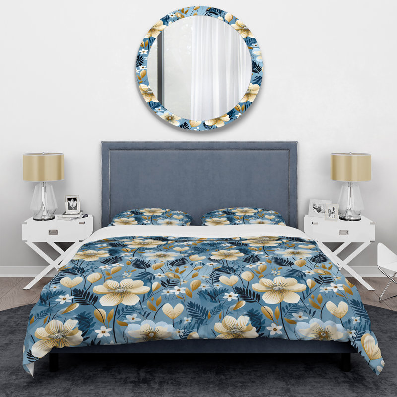 Blue Coastal Harmony Floral Pattern IX - Ensemble de housse de couette à motif floral