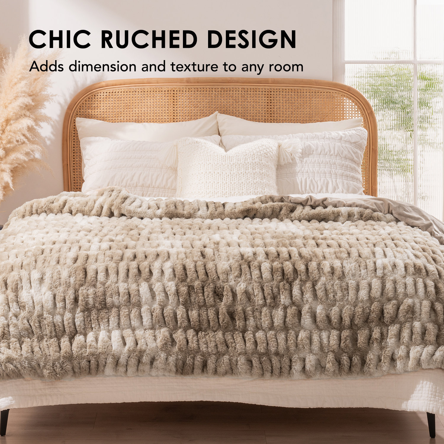 Ruched Bubble Faux Fur Throw Blanket, 50" W x 60" L, Beige