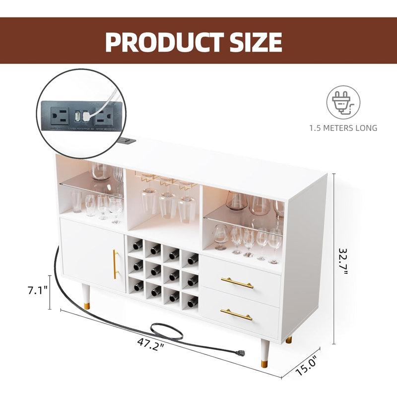 Bar Cabinet and Buffet Table - LED Light Charging Station, Sideboard with Storage