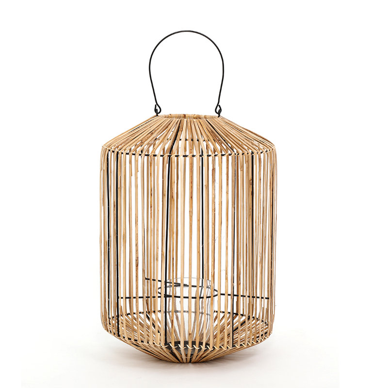 Lanterne canne fabriquée à la main avec poignée en métal et insert en verre, H 14,75 po x l 10 po x P 10 po