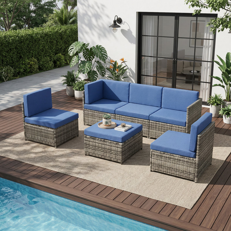 5-Person Modular Outdoor Wicker Sectional Sofa Set With Storage Ottomans, Blue, Gray