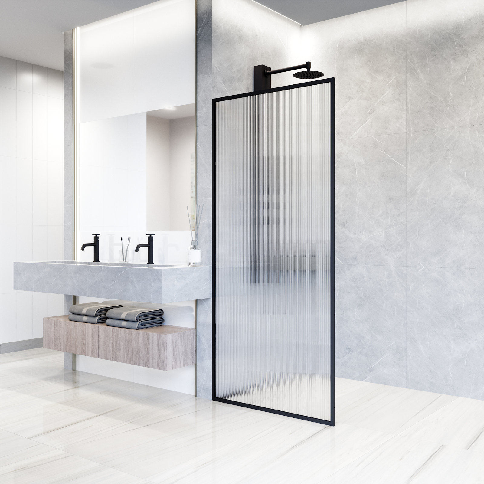Meridian Framed Fixed Shower Screen, Matte Black Fluted