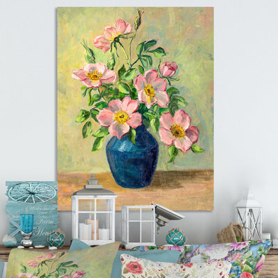 Fleurs roses dans un vase bleu - Peinture sur toile encadrée
